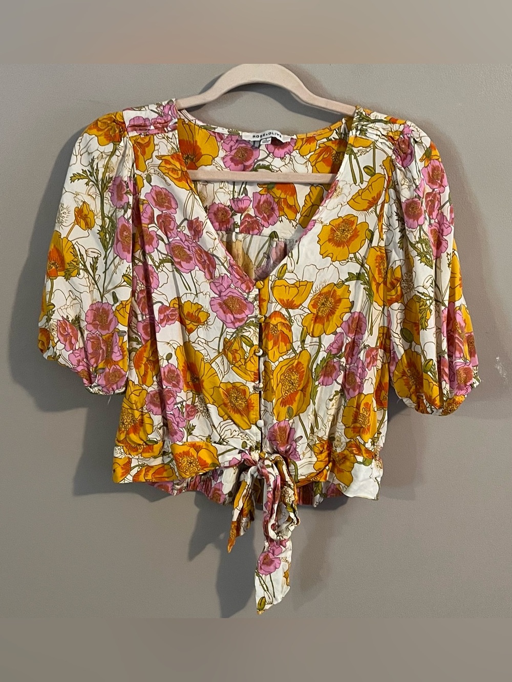 ❣️3/$25 Floral Tie-Front Puff Sleeve Crop Top - Pink & Yellow